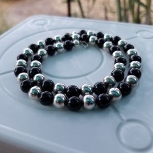 Vintage sterling silver and black onyx beaded necklace.
